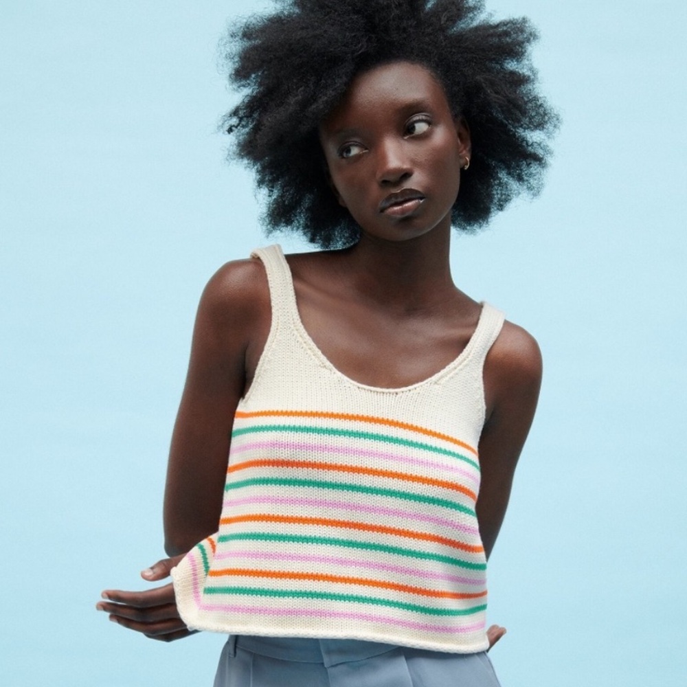 Zara Multicolor Rainbow Stripe Knit Swing Tank Top Boho Spring Cream Sz Medium